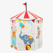 Children's play tent with circus-themed design featuring clowns, an elephant, and balloons on a white background.
