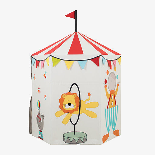 Children's play tent with circus-themed design on a white background