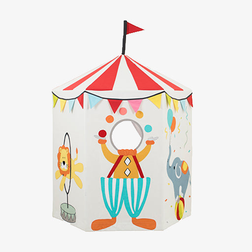 Children's play tent with circus-themed design on a white background