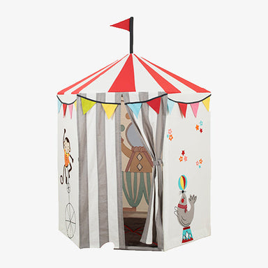 Children's play tent with circus-themed design on a white background