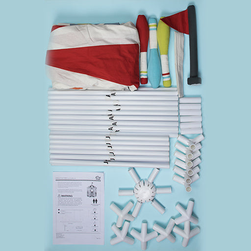 Set of play circus tent parts on a light blue background.