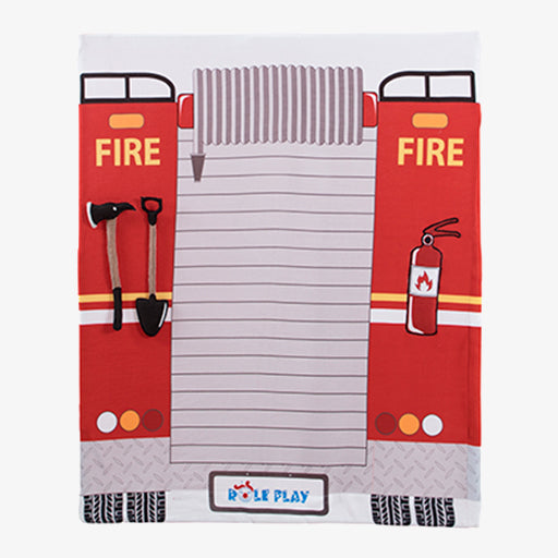 Play tent with fire truck design, including a fire extinguisher and tools, on a white background.