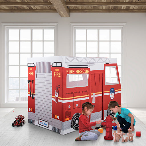 Children playing with a fire truck play tent in a room with large windows.