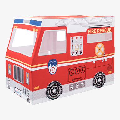 Red fire truck-shaped play tent with 'Fire Rescue' text on a white background