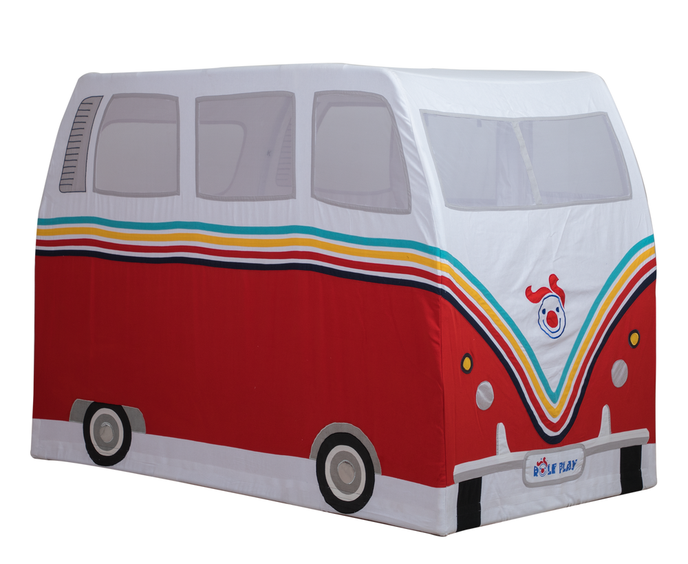 Red and white van-shaped play tent with colorful stripes on a white background
