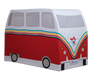 Red and white van-shaped play tent with colorful stripes on a white background