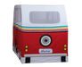 Children's play tent designed like a camper van with colorful stripes on a white background.