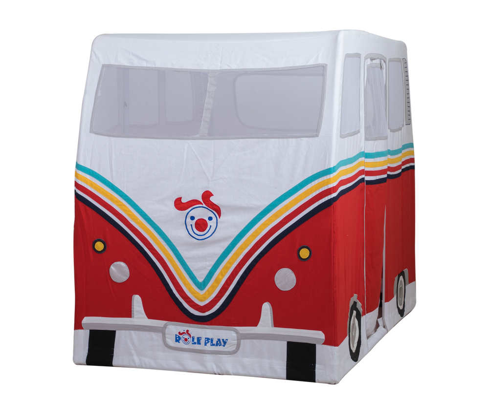 Children's play tent shaped like a red and white van with colorful stripes on a white background.