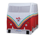 Children's play tent shaped like a red and white van with colorful stripes on a white background.