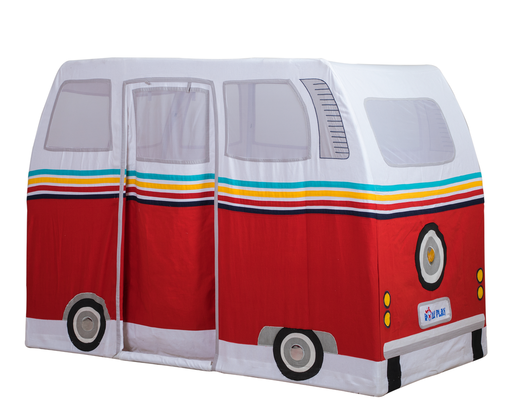 Red and white toy van with colorful stripes on a white background