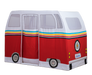 Red and white toy van with colorful stripes on a white background