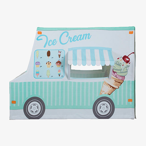 Children's play tent designed like an ice cream truck with ice cream graphics on a white background.