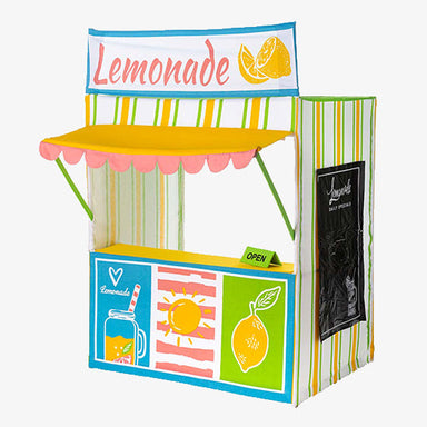 Colorful lemonade stand tent with a striped awning and lemon graphics on a white background