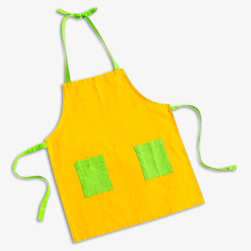 Yellow apron with green pockets and straps on a white background