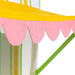 Colorful striped canopy with pink scalloped edge on a white background