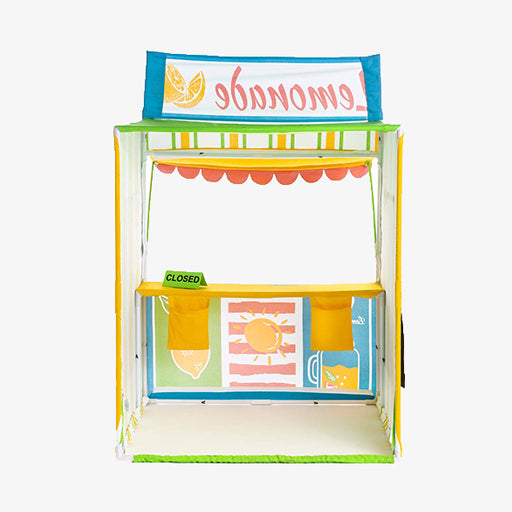 Colorful toy lemonade stand back side view on a white background.