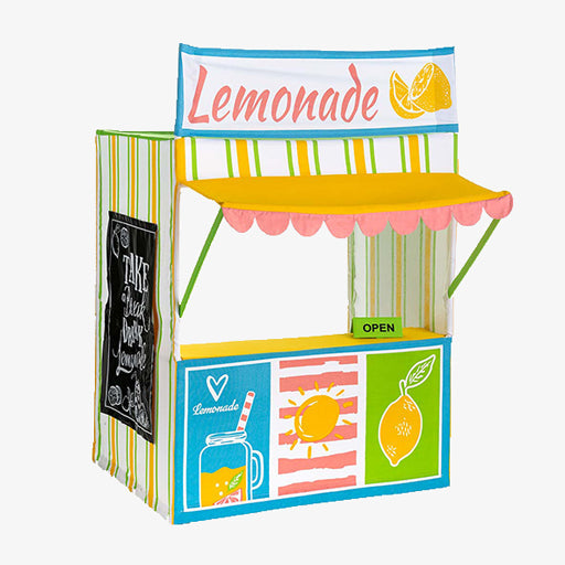 Colorful lemonade stand with striped awning and lemon graphics on a white background