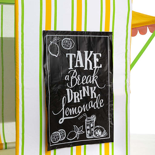 Black sign with white text 'Take a Break, Drink Lemonade' on a striped tent
