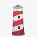 Red and white striped lighthouse-shaped object on a white background