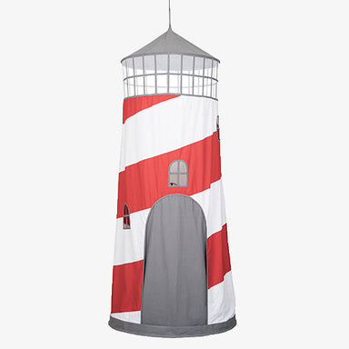 Lighthouse-shaped object with red and white stripes on a white background