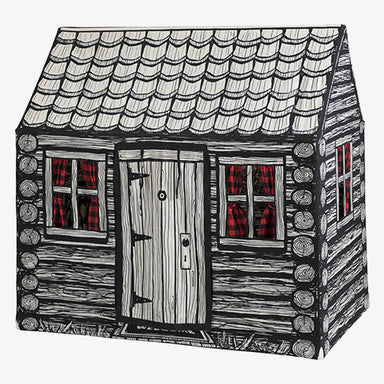 Black and white log cabin with red window panes on a white background