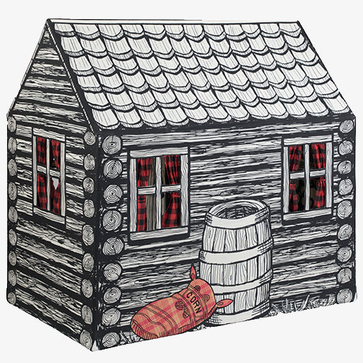 Log cabin play tent with a barrel and plaid curtains