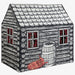 Log cabin play tent with a barrel and plaid curtains