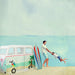 Man and child with a surfboard on a beach near a van play tent.