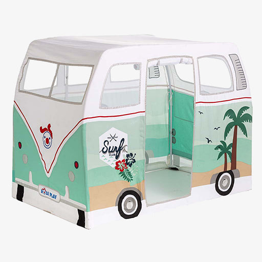 Children's play tent designed like a retro van with beach-themed graphics on a white background