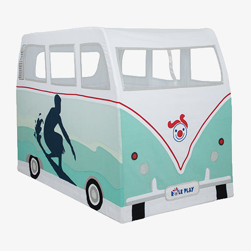 Children's play tent designed like a vintage van with a surfboard and clown face on a white background.
