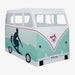 Children's play tent designed like a vintage van with a surfboard and clown face on a white background.