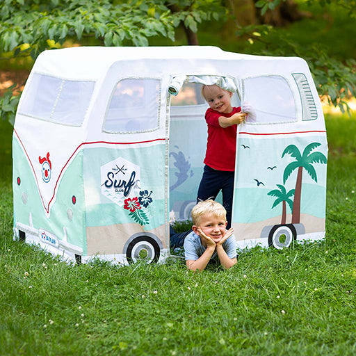 Children playing inside a retro-style play tent on grass