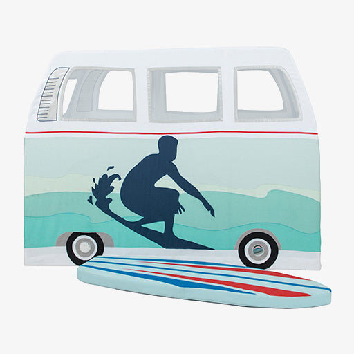 Vintage van play tent with surfboard design on a white background