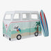 Children's playhouse shaped like a retro van with a surfboard on a white background