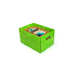 Green box containing building blocks on a white background