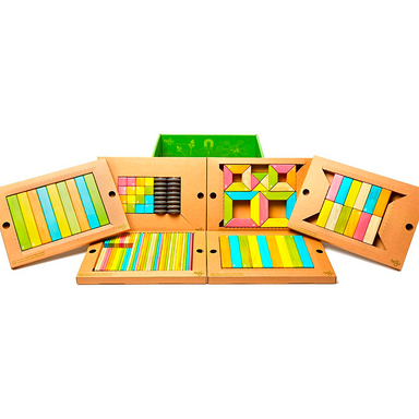 Colorful wooden geometric shaped blocks set on a white background