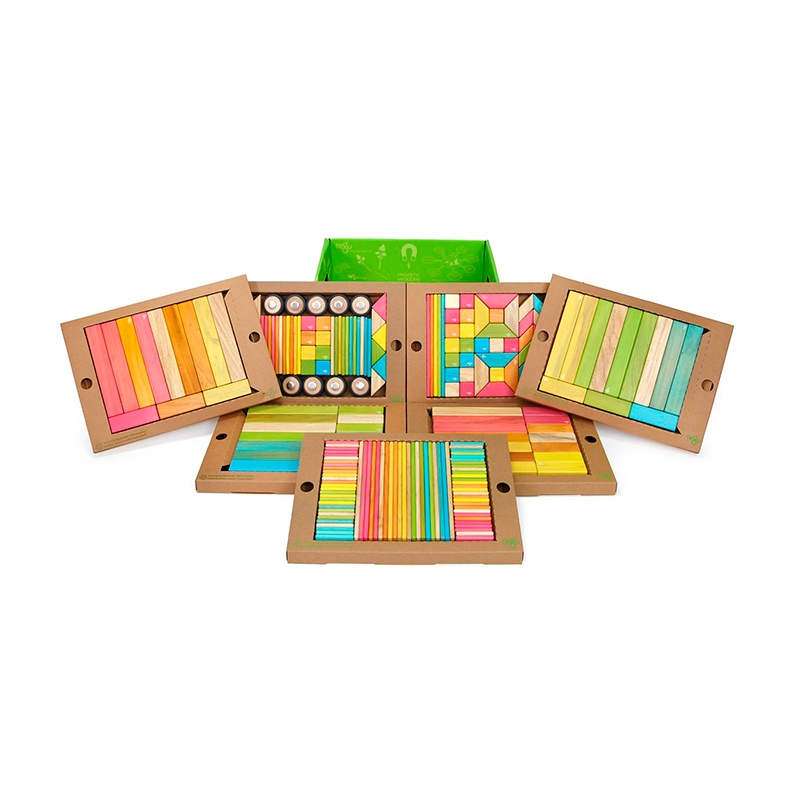 Colorful wooden geometric blocks set on a white background