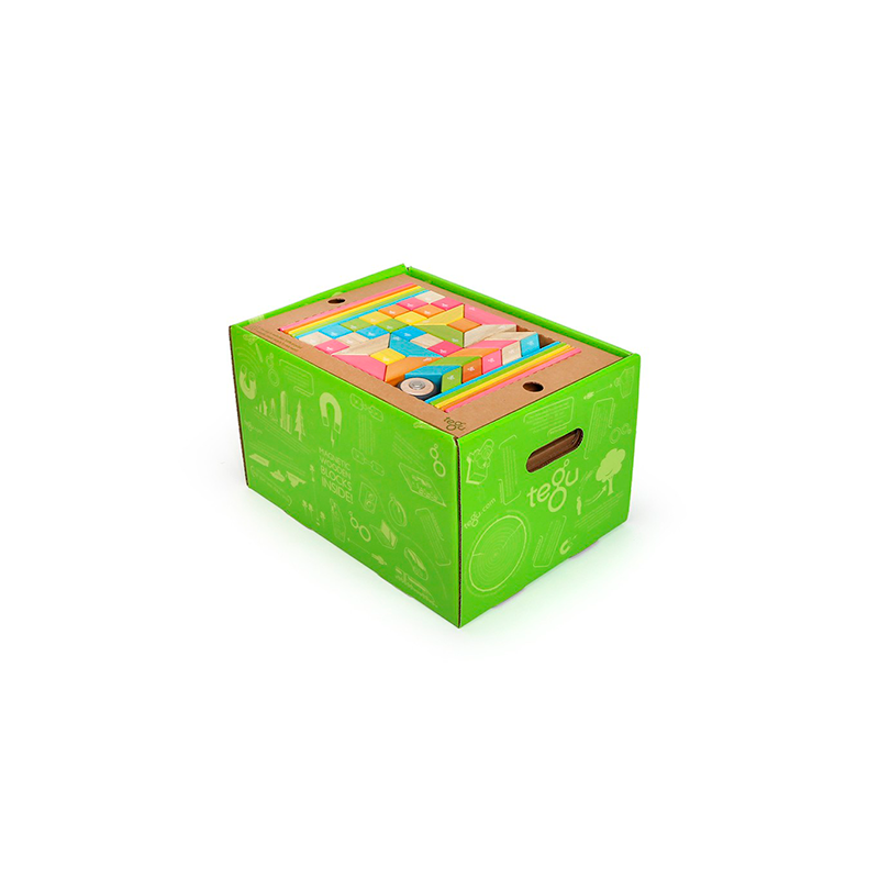 Green box with colorful geometric blocks on a white background