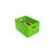 Green storage box with colorful blocks on a white background