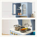 Blue kitchen cabinet and stove with cooking utensils and ingredients on a white background