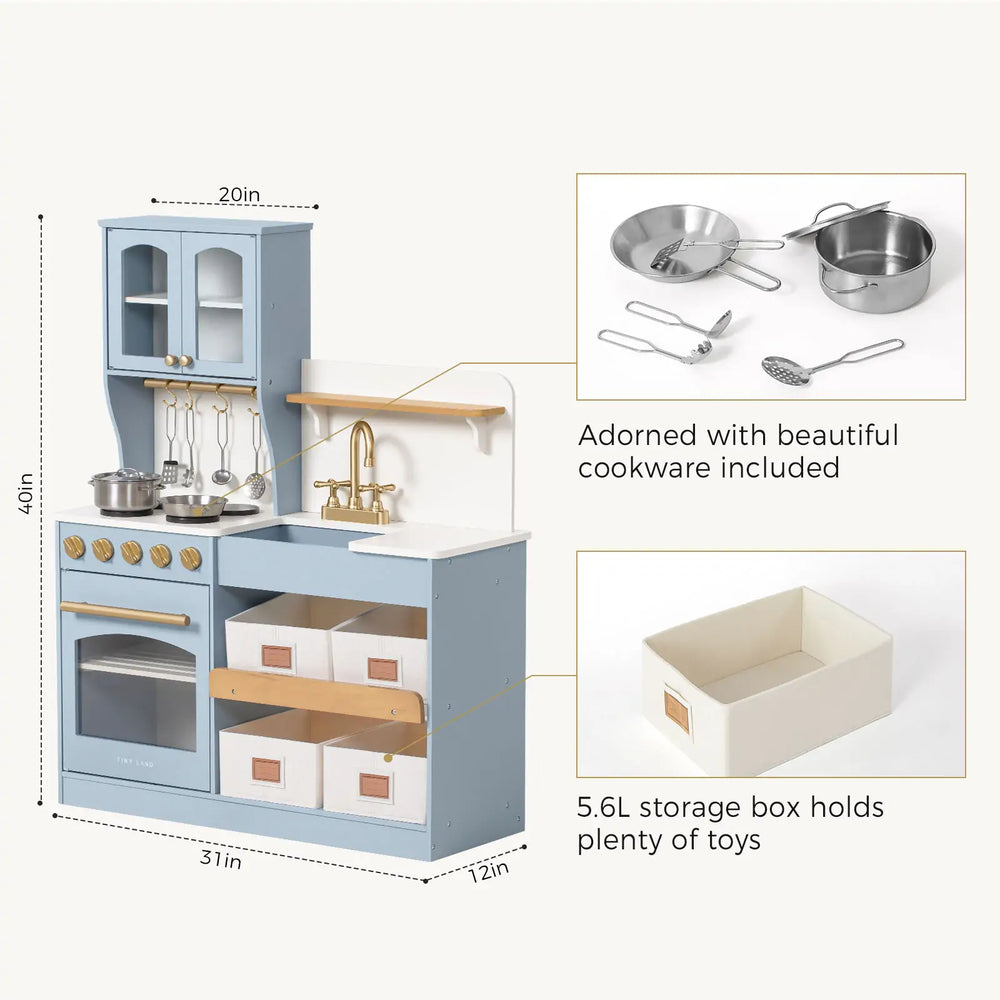 Children's play kitchen set with measurements and included cookware on a white background