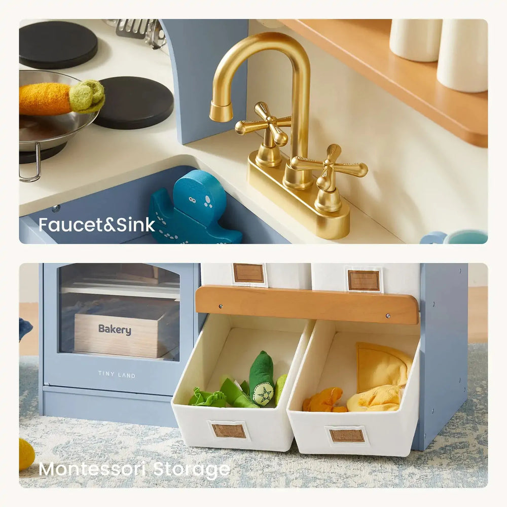 Play kitchen set with gold faucet, sink, and Montessori storage bins.