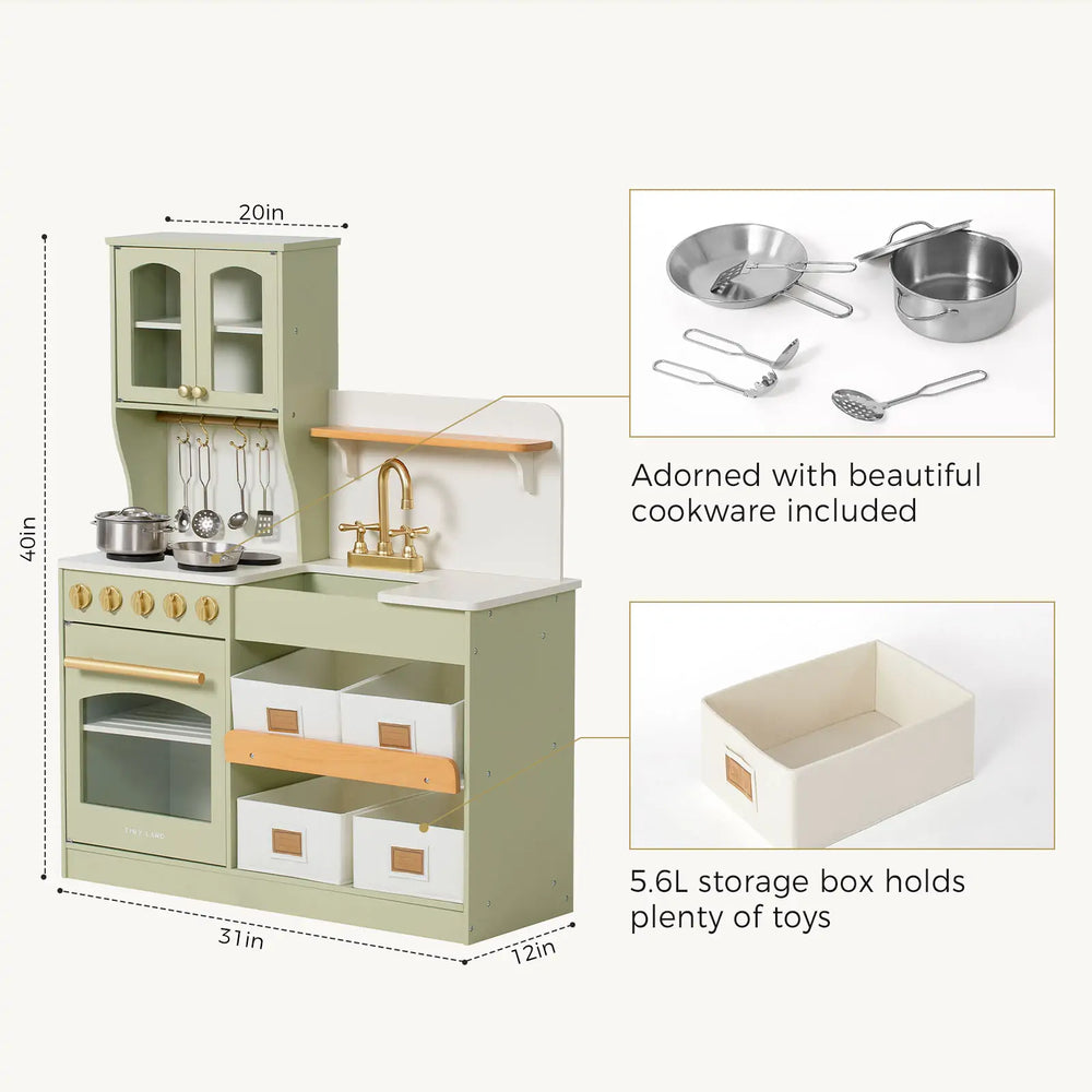 Children's play kitchen set with measurements and included cookware on a white background
