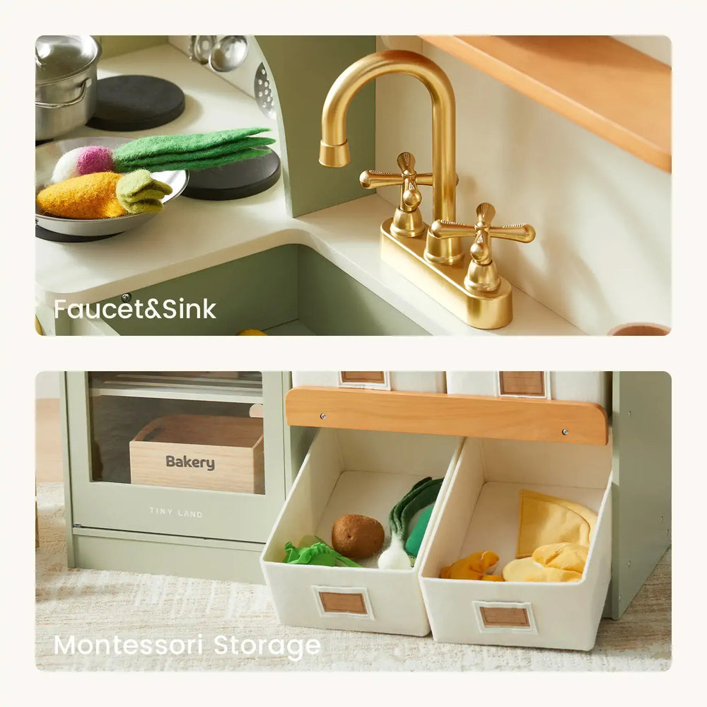 Top image of a kitchen faucet and sink, bottom image of Montessori storage units with toys.