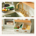 Top image of a kitchen faucet and sink, bottom image of Montessori storage units with toys.