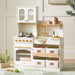 Children's play kitchen set with white stove and wooden shelves in a room.