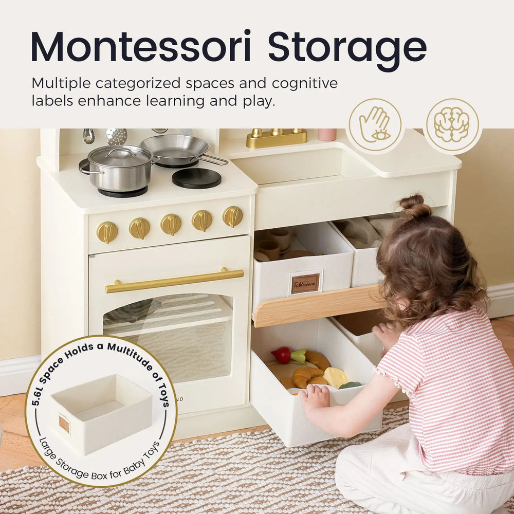 Children's play kitchen set with storage drawers and a child interacting with it, labeled 'Montessori Storage'.