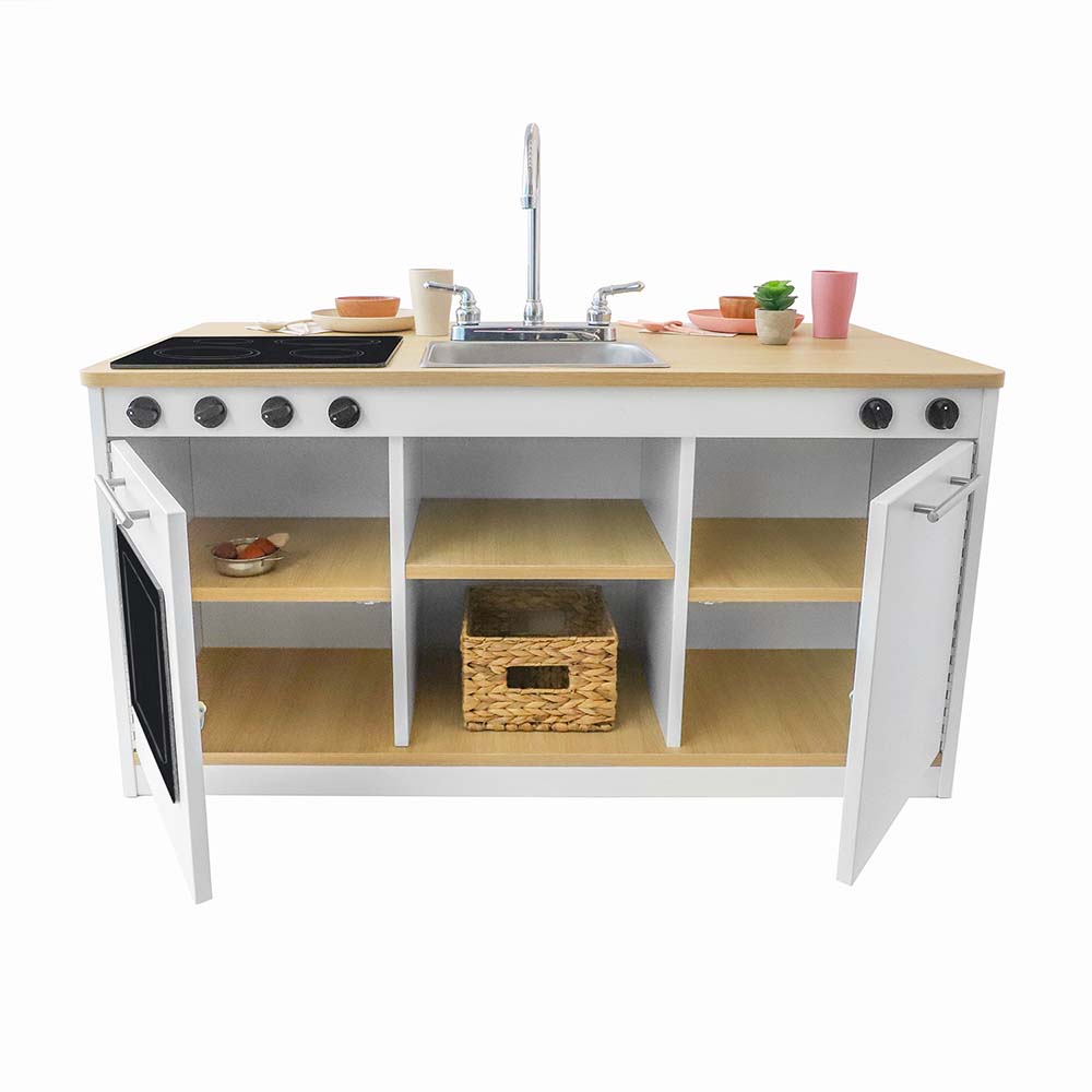 Whitney Brothers Play Kitchen Elevated Kitchen Island Breakfast Bar with Accessories Cabinets Open