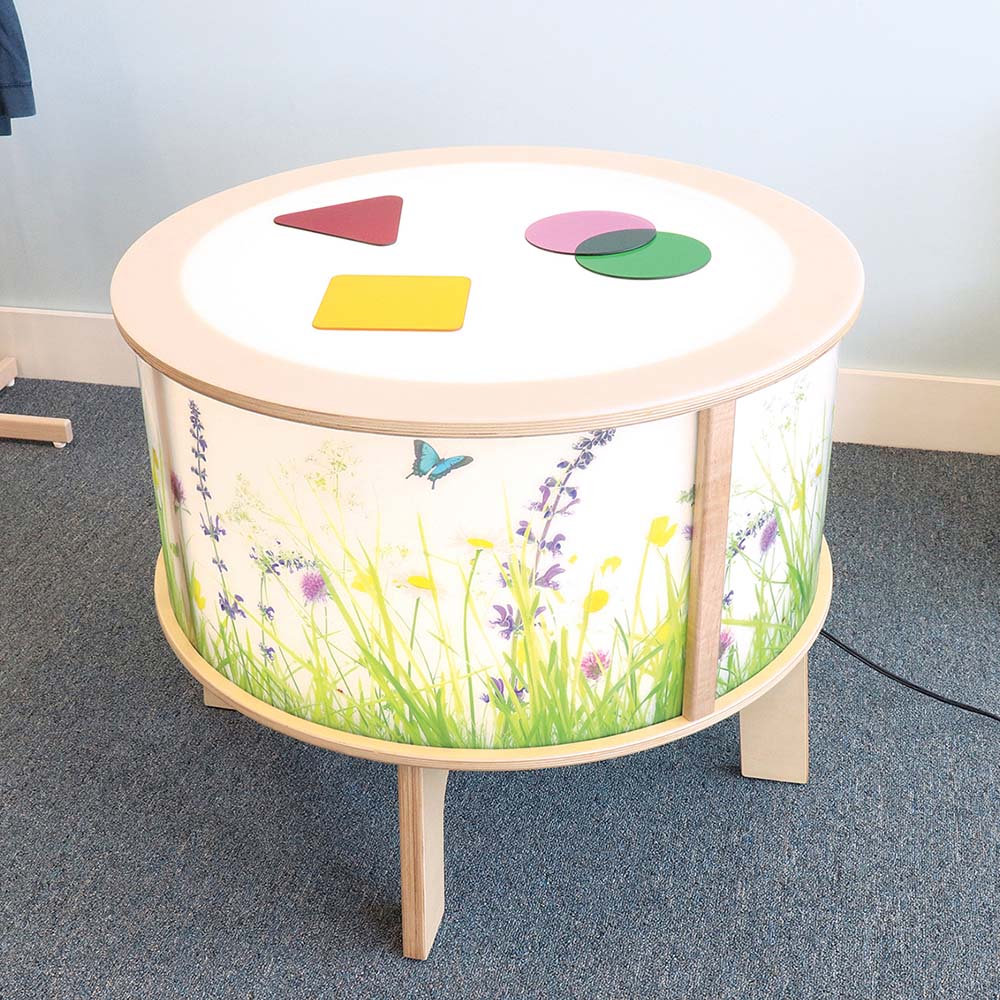 Whitney Brothers Sensory Nature View Radiant LED Light Table in Playroom with Accessories