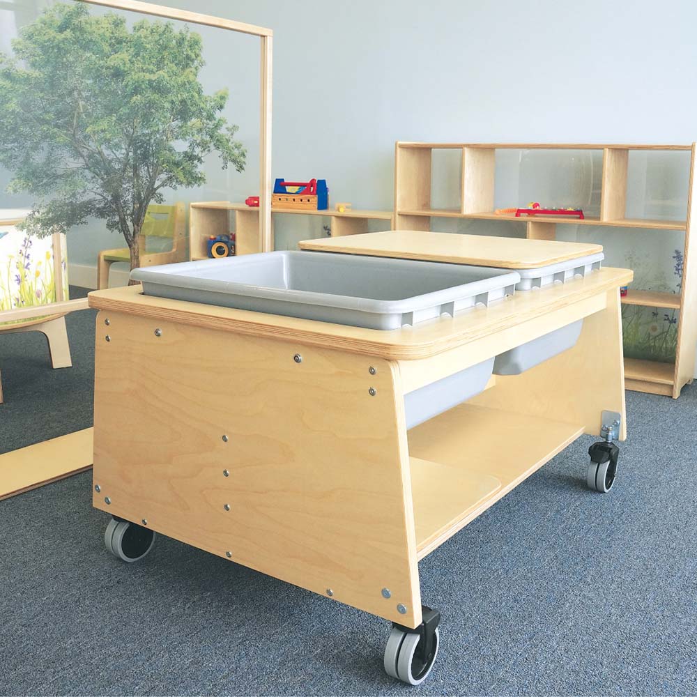 Whitney Brothers Two Tub Sand and Water Table in Playroom with Lid